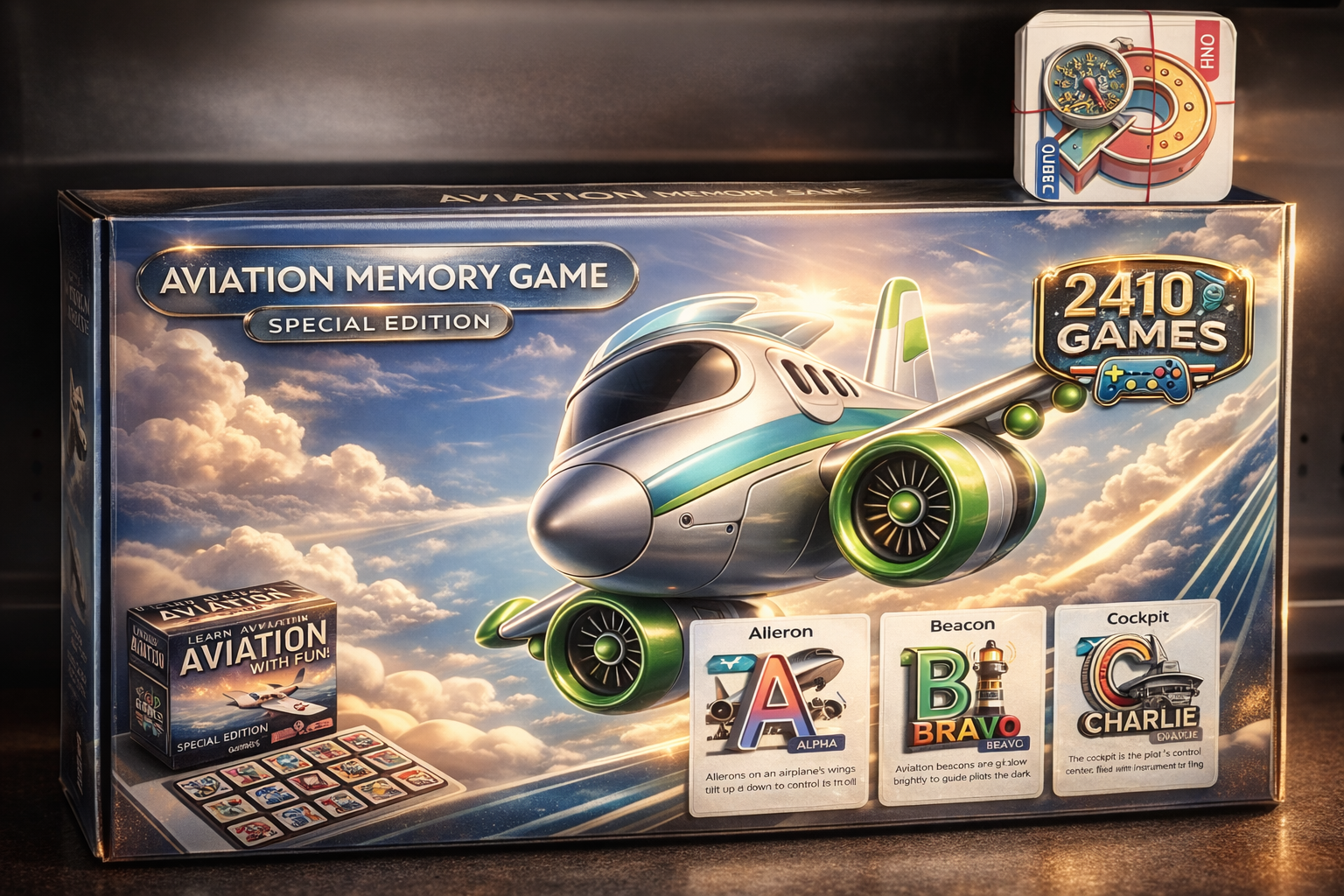 Aviation Memory Game box featuring phonetic alphabet cards