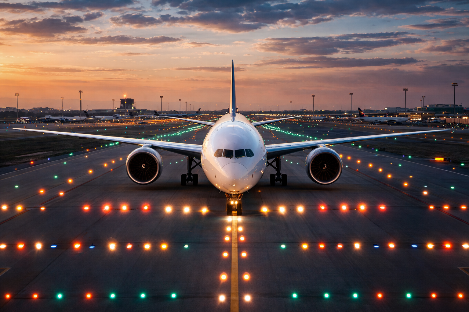 Aircraft on illuminated runway at sunset